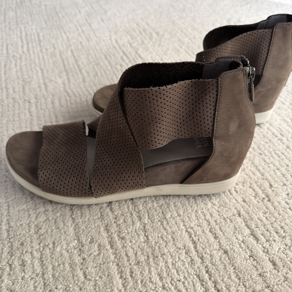 Eileen Fisher Taupe Perforated Wedge Sandals